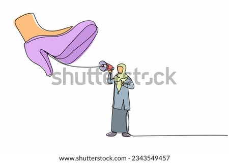 Continuous one line drawing young Arabian businesswoman protest with megaphone under giant shoe. Female manager under tyranny, dictatorship concept. Single line draw design vector graphic illustration