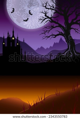 Scary halloween poster background with copy space. Glowing, foggy landscape with mountains, old castle, house, tree, big moon, grave cross. Otherworldly, mystical illustration.