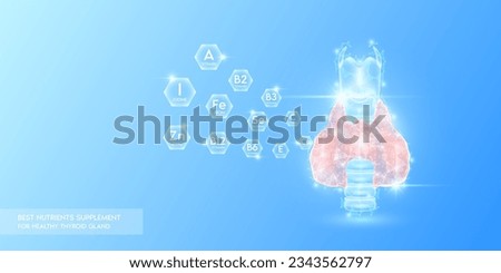 Vitamins minerals with iodine in hexagon absorbed into the thyroid gland goiter treatment. Best nutrients supplement for healthy. Health care medical innovation. Human organ translucent. Vector. Royalty-Free Stock Photo #2343562797