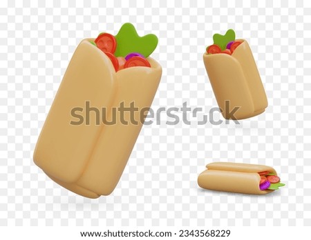 3D color vector shawarma. Lavash with meat and vegetable filling. Spicy burrito, doner kebab. Street fast food. Turkish pita bread roll. Set of isolated images. Object in different positions Royalty-Free Stock Photo #2343568229