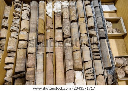 Rock core samples at the Geological Survey of Northern Ireland. Royalty-Free Stock Photo #2343571717