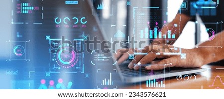 Businessman typing in computer, double exposure digital business data dashboard, analysis and glowing chart with metrics. Concept of internet marketing and KPI