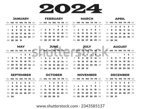 2024 Sunday Start Horizontal Black and White Calendar Template, Simple layout of pocket or wall calenders. Desk calendar template. Yearly Stationery organizer in minimal design