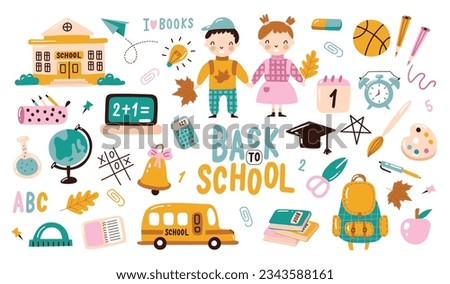 Back to school. Various tools for education. Hand drawn big vector set. Colored trendy illustration. 