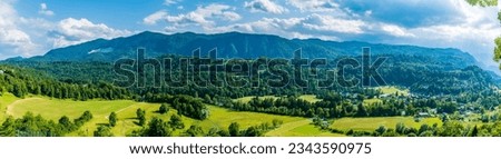 A panorama view over the countryside around the town of Radovljica, Slovenia in summertime Royalty-Free Stock Photo #2343590975