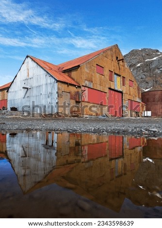 Red building reflection; Grytviken, South Georgia