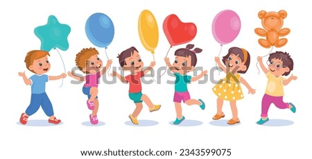 Children with balloons. Cute kids hold different shapes air balloons. Happy girls and boys with helium inflated toys. Birthday party. Funny little people happiness