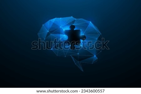 The human brain with a jigsaw puzzle hole. Creative, Artificial intelligence, AI. Low polygonal and wireframe from dots and lines. Vector illustration