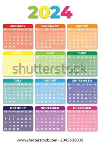 2024 Monday Start Vertical Color Calendar Template, Simple layout of pocket or wall calenders. Desk calendar template. Yearly Stationery organizer in minimal design