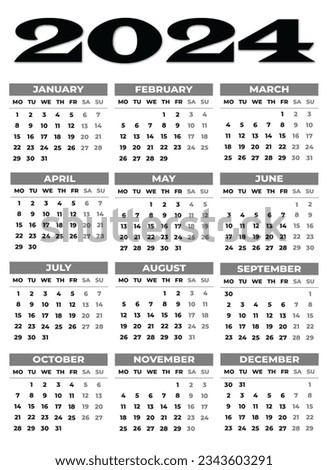 2024 Monday Start Vertical Black and White Calendar Template, Simple layout of pocket or wall calenders. Desk calendar template. Yearly Stationery organizer in minimal design