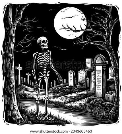 Woodcut style illustration of skeleton standing in graveyard at night. Royalty-Free Stock Photo #2343605463