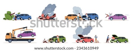 Accidents on road. Collided and overturned cars, vehicle hits pedestrian, traffic rules violation, engine caught fire, collision hitting an people. Nowaday vector cartoon flat set Royalty-Free Stock Photo #2343610949