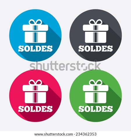 Soldes - Sale in French sign icon. Gift box with ribbons symbol. Circle buttons with long shadow. 4 icons set. Vector