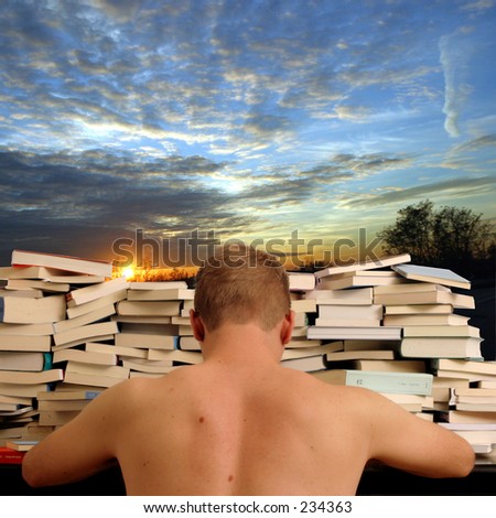 Boy seen from the back studying in front and a pile of books. In the background a sunset landscape with a cloudy sky and the sun in backlight