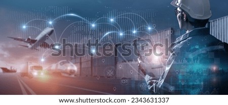 Transportation and logistics network distribution technology concept. Using AI in logistics and supply chain management. Planning with real time visibility and control over optimized supply chain.  Royalty-Free Stock Photo #2343631337