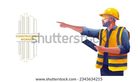 Construction Worker Man Wearing a Uniform, Glasses, and Yellow Safety Helmet. Builder in Hard Hat Holding Tablet and Pointing with a Finger. Isolated Polygonal Vector Illustration on White. Royalty-Free Stock Photo #2343634215