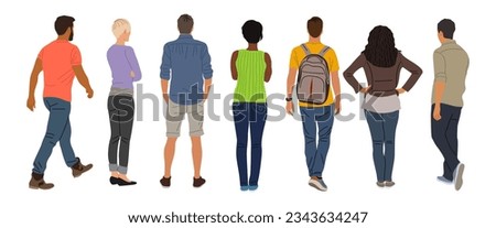 Set of different People Standing and walking Back View. Male and Female cartoon Characters Wearing casual street fashion Clothes Rear View vector illustration Isolated on White Background Royalty-Free Stock Photo #2343634247