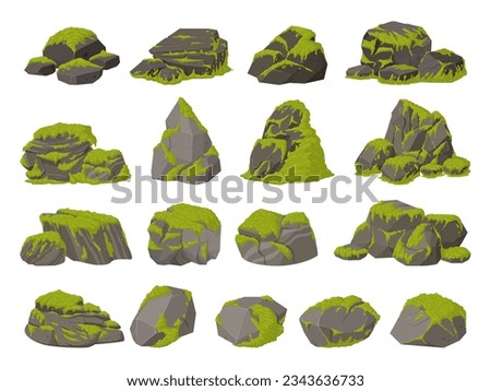 Cartoon moss on stones. Jungle moss plants grows on grey rocks, green creeping lichen creeps on stones flat vector illustration set. Swamp moss growing on rocks Royalty-Free Stock Photo #2343636733