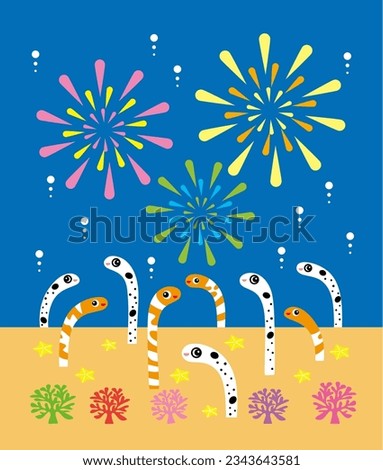 Clip art of colorful fireworks and cute Spotted garden eel and western garden eels.  Summer Image Design. Vector.