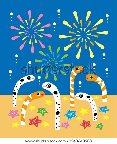 Clip art of colorful fireworks and cute Spotted garden eel and western garden eels.  Summer Image Design. Vector.