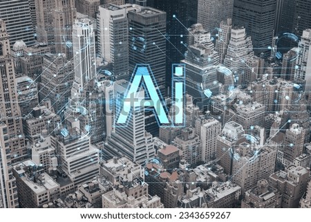 Aerial birds eye panoramic city view of Upper Manhattan area and East Side neighborhoods, New York city, USA. Artificial Intelligence concept, hologram. AI, machine learning, neural network, robotics