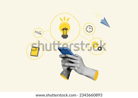 Poster illustration collage of male hands use modern device planning work writing notes idea isolated on drawing white color background Royalty-Free Stock Photo #2343660893