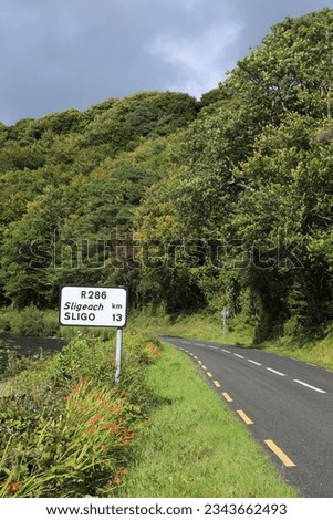 Rural road in County Leitrim, Ireland bordered by trees in foliage and Lough Gill Lake against backdrop of overcast sky with bilingual road sign visible in both English and Irish language