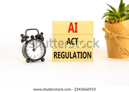 AI act regulation symbol. Concept words AI artificial intelligence act regulation on wooden block. Beautiful white background. Black alarm clock. Business AI act regulation concept Copy space