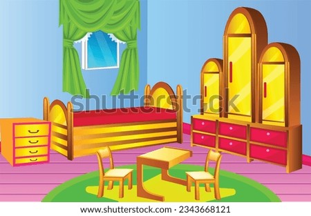 Room interior. Bedroom,  kids bedroom with furniture. Teenage room with bed, Kid or child room with toys and pictures.