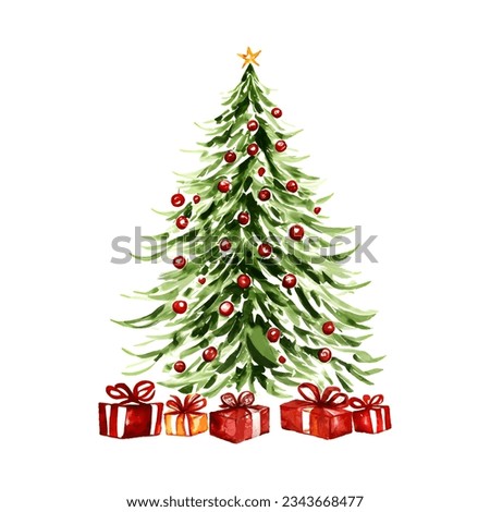 Watercolor Christmas tree with red toys balls and red gift boxes isolated on white