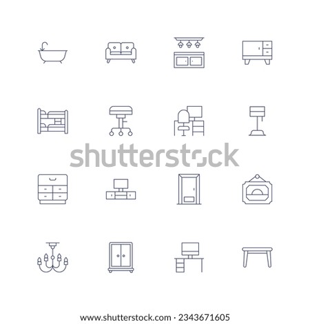 Home furniture line icon set on transparent background with editable stroke. Containing bath, sofa, countertop, furniture, bunk bed, stool, workplace, lamp, cabinet, tv table, door, picture. Royalty-Free Stock Photo #2343671605
