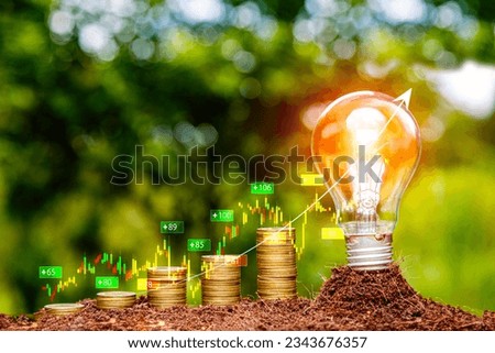 Green energy invest instead gold coins growing. light bulb on green nature background green energy icon around it. Investing in the environment, society, governance. ESG Investing in the industrial.