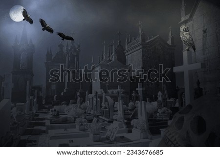 Mysterious, scary and old cemetery in a misty full moon night