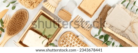 Sustainable lifestyle concept. Top view photo of natural hand made soap bar and eco friendly personal care products  Royalty-Free Stock Photo #2343678441