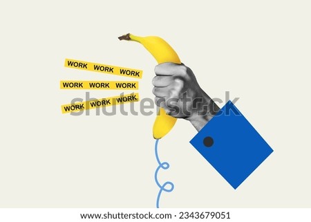 Collage poster picture of hand hold vintage phone yellow ripe banana answer call operator center isolated on painted white color background