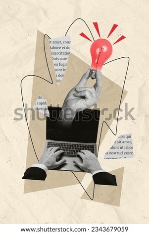 Collage artwork picture of worker having great idea working apple samsung device isolated creative background