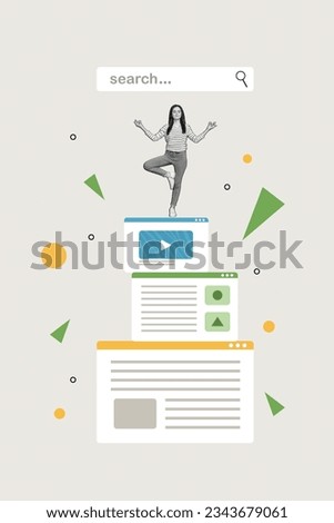 Collage artwork graphics picture of calm peaceful girl stand on youtube google searching engine blank space isolated painting background