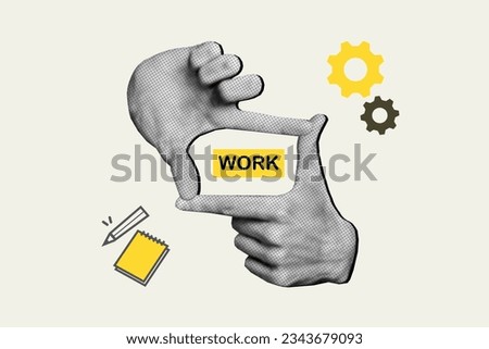 Collage black white picture poster of human arms demonstrate gesture camera symbol work concept isolated on drawing white color background