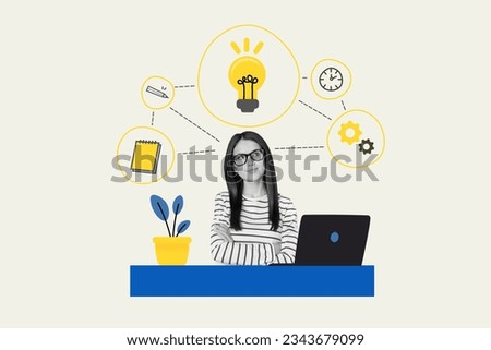 Collage sketch picture of minded smart clever girl work home office room have great idea solution isolated on drawing minimal background