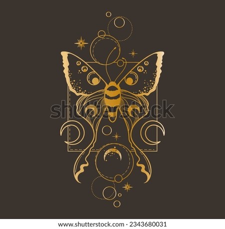 Magic celestial butterfly and moon clipart in golden foil texture, mystic space moth with crescent moon, gold colored insects composition in vector, isolated design for t-shirt, poster, postcards