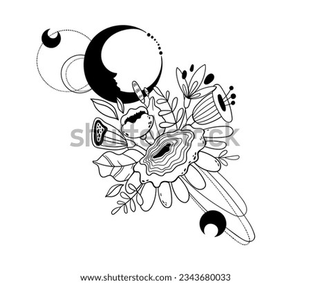 Mystic cosmic flowers and crescent moon print, magic floral clip art of plants and moons, black and white celestial or space composition, illustration in vector for cards, t-shirt