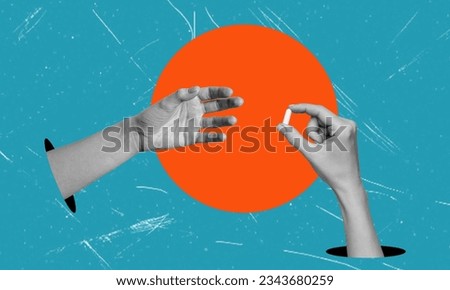 Medicine, pharmacology, drugs. Art collage, hand reaching for pill on blue background. Concept of health and medicine. Royalty-Free Stock Photo #2343680259