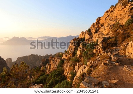 Sunset view from Calanques de Piana in Corsica, France, Europe Royalty-Free Stock Photo #2343681241