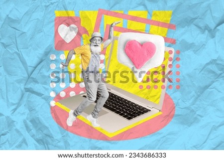 Poster artwork sketch of cheerful elderly man grandfather dancing communicating wireless netbook isolated on drawing background