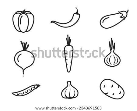 vegetable line icon set. eggplant, bell pepper, hot chili pepper, carrots, beetroot, onion, garlic, potato and peas. organic food and agriculture vector images Royalty-Free Stock Photo #2343691583