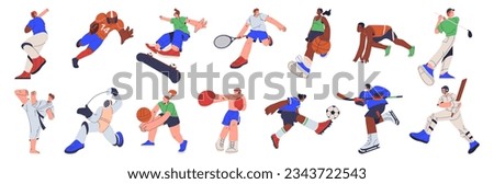Professional sports people training and working out. Football and basketball, volleyball and tennis, flat cartoon vector illustration set. Martial art and rugby, cricket and running racer