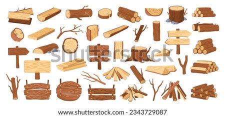 Wood tree logs, stumps and trunks, wooden pieces flat cartoon vector illustration. Lumber and firewood cut branches, lumberjack materials, campfire and woodwork planks big set collection Royalty-Free Stock Photo #2343729087