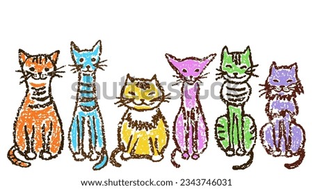 Funny colorful sitting cats set. Wax crayon like child`s hand drawn cute kitten clip art. Pastel chalk or pencil kids line art stroke cartoon smiling kitty. Vector artistic doodle simple pets