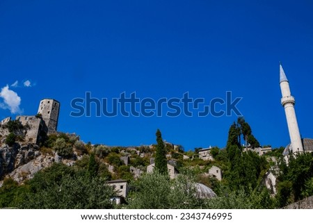 cityscape of Počitelj or Poçitel, historic urban site or village in Bosnia and Herzegovina, mediaeval and Ottoman architecture, landscape
