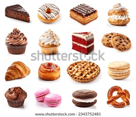 Various of sweets and desserts set and collection. chocolate cake, cupcakes, red velvet cake, apple pie, macarons, pretzel, donut, pastries, muffin, cookies, croissant. Bakery sweets isolated on white Royalty-Free Stock Photo #2343752481